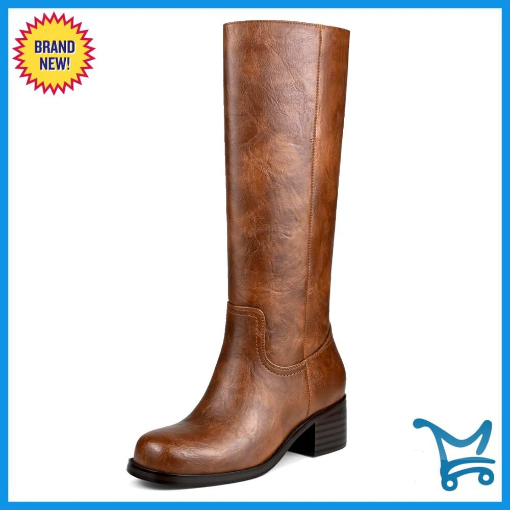 Knee High Platform Boots Square Toe Chunky Heel Wide Calf Pull On